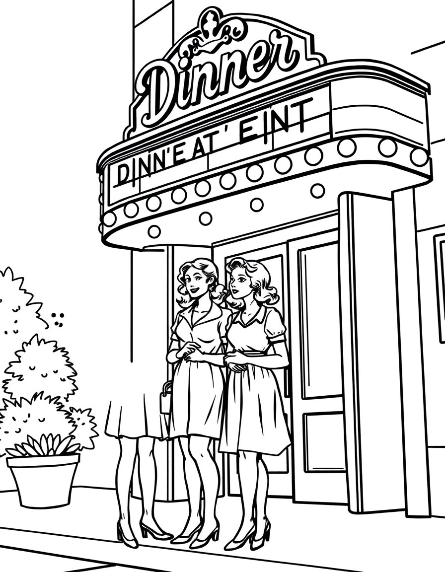 A simple line illustration with a lady and two teenaged girls in the 1930's standing outside of a movie theatre. The movie marquis says "Dinner at Eight". The lady is holding onto the waist of her lon