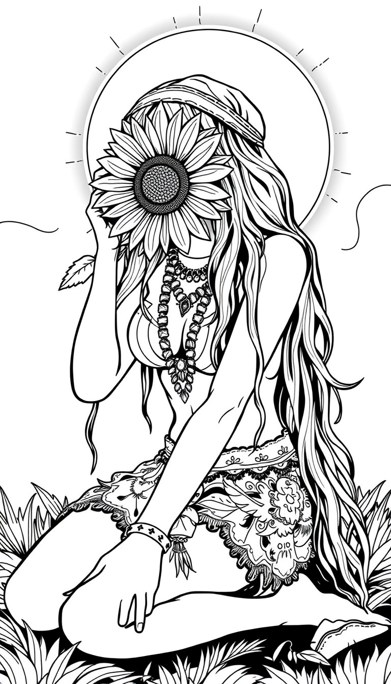 Hippie babe on knees with a sunflower for eyes