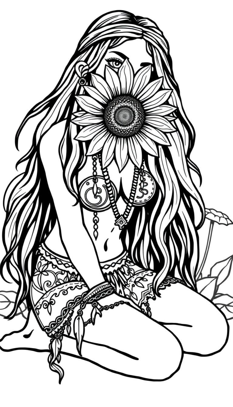 Hippie babe on knees with a sunflower for eyes