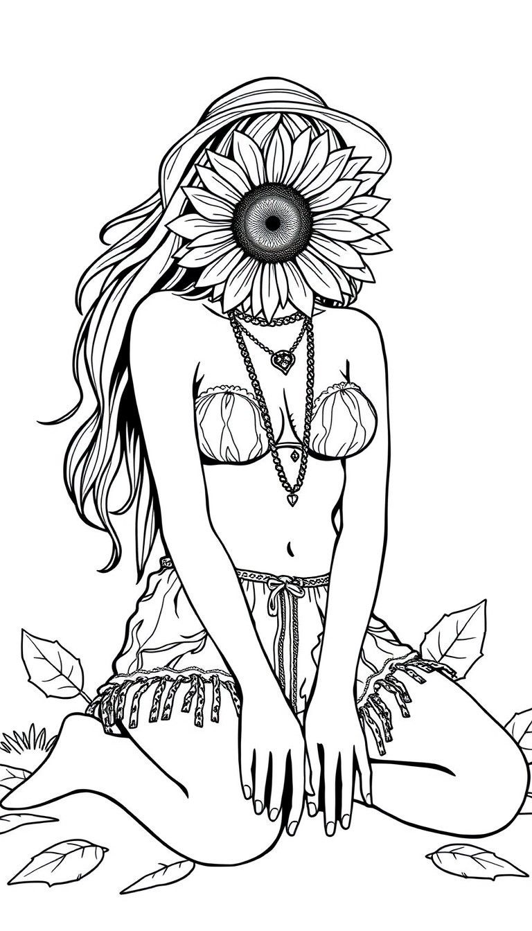 Hippie babe on knees with a sunflower for eyes