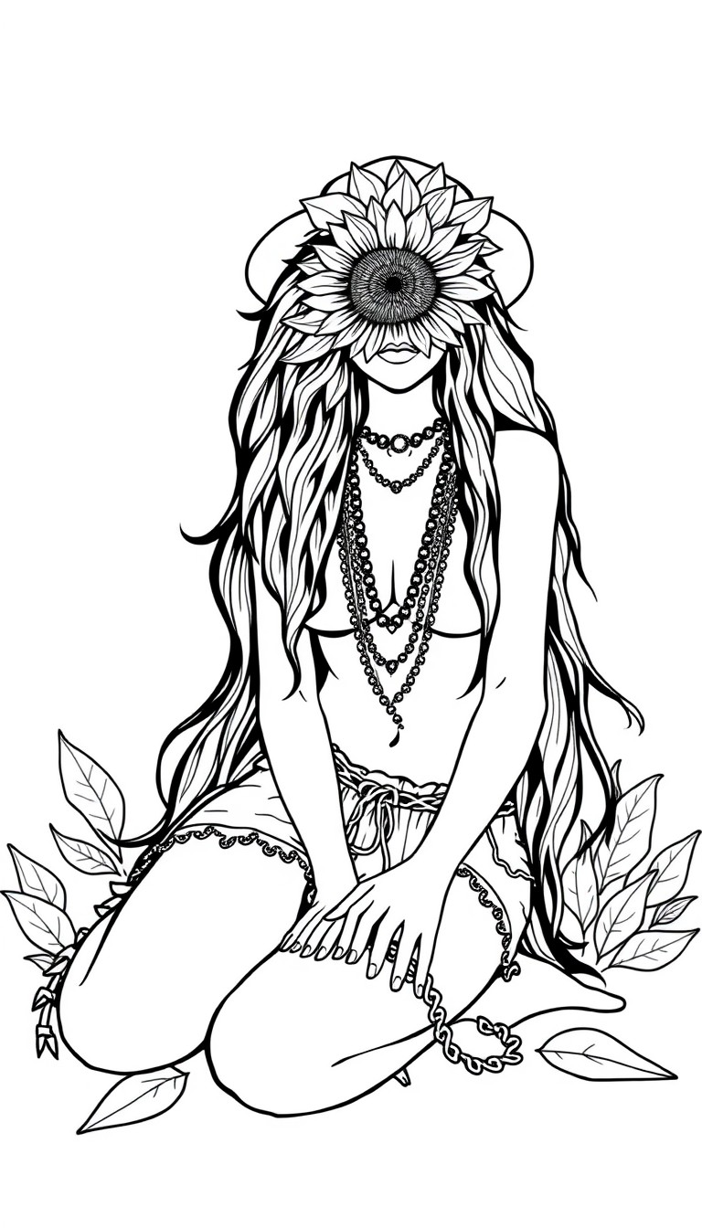 Hippie babe on knees with a sunflower for eyes