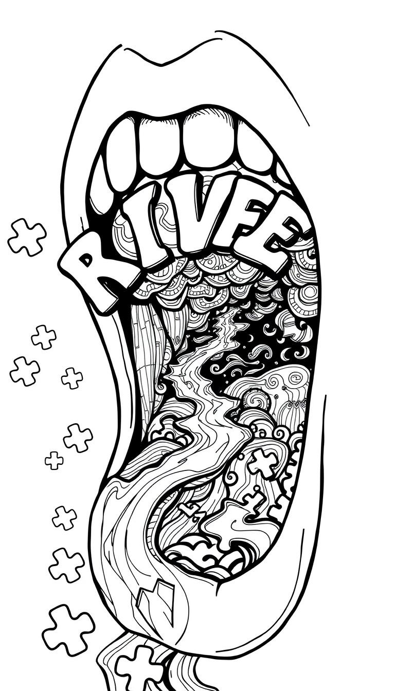 A mouth with letters flowing out like a river and puzzle pieces for background