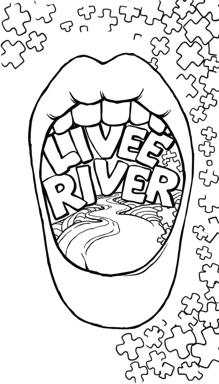 A mouth with letters flowing out like a river and puzzle pieces for background