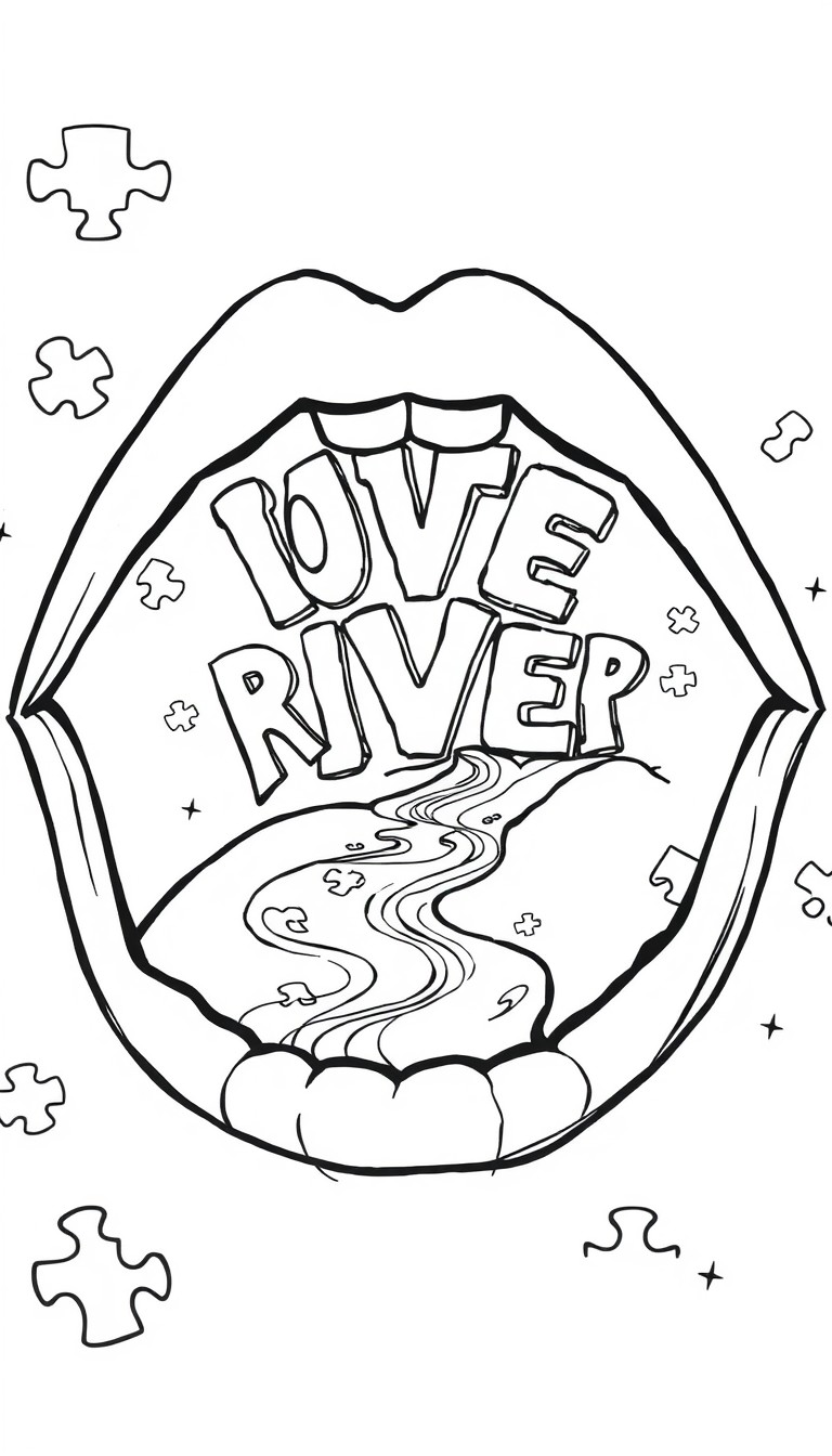 A mouth with letters flowing out like a river and puzzle pieces for background