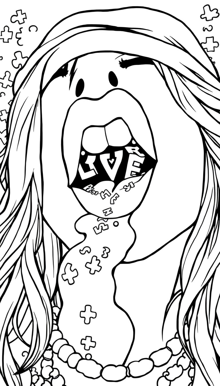 Hippie woman with big lips,A mouth with letters flowing out like a river and puzzle pieces for background