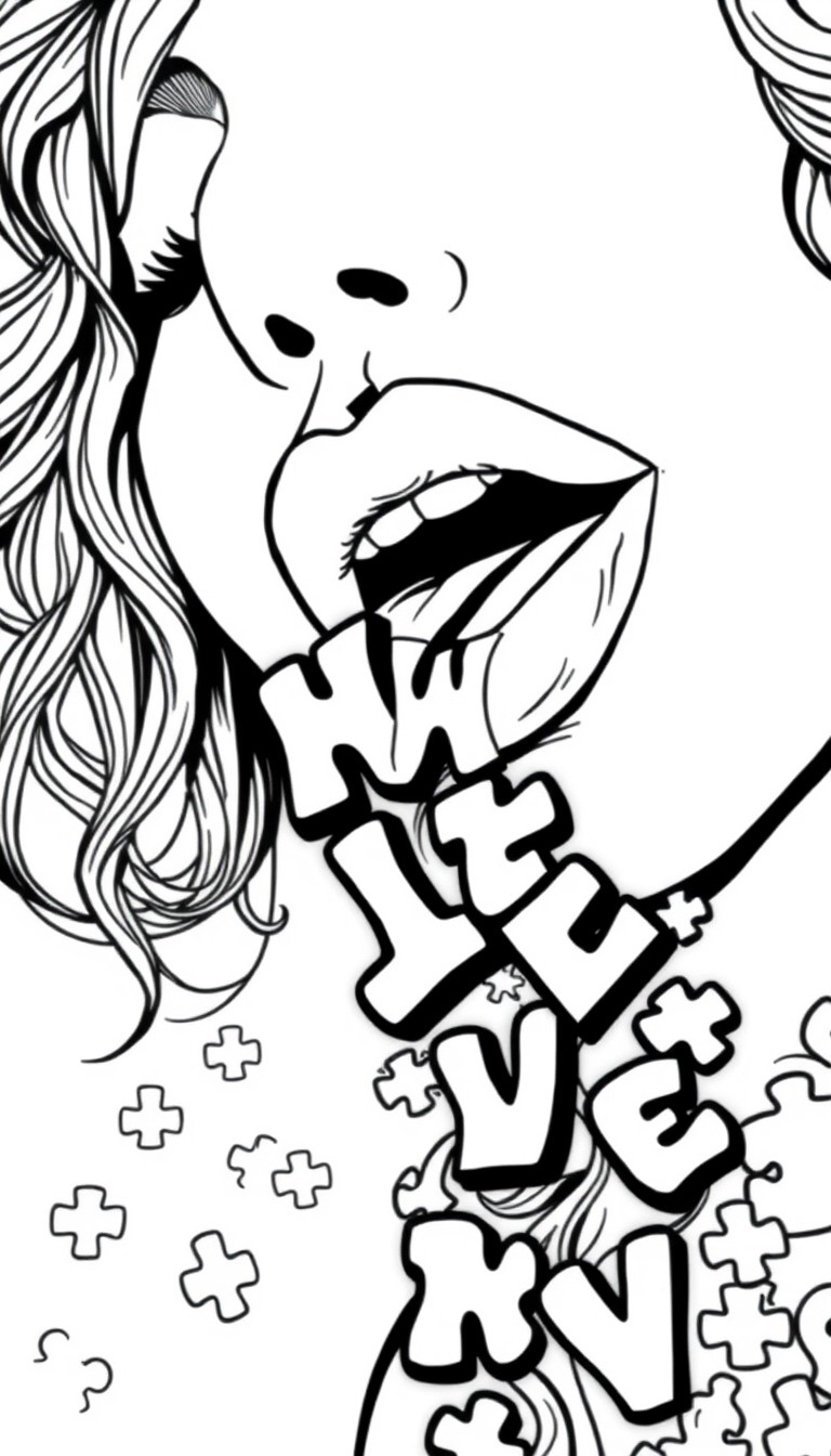 Hippie woman with big lips,A mouth with letters flowing out like a river and puzzle pieces for background