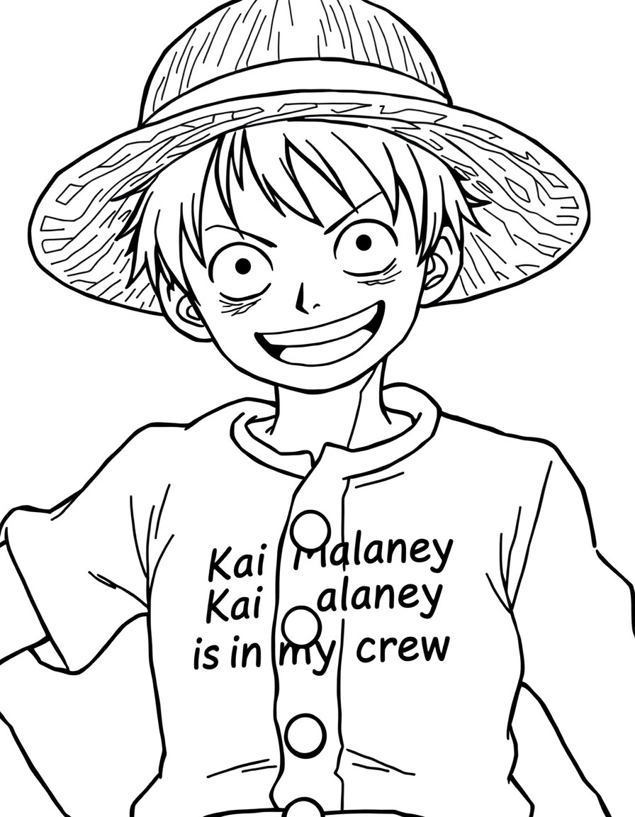 Luffy the main character in the Japanese Anime "Once Piece" with a straw hat and red button t-shirt with the words "Kai Malaney is in my crew"