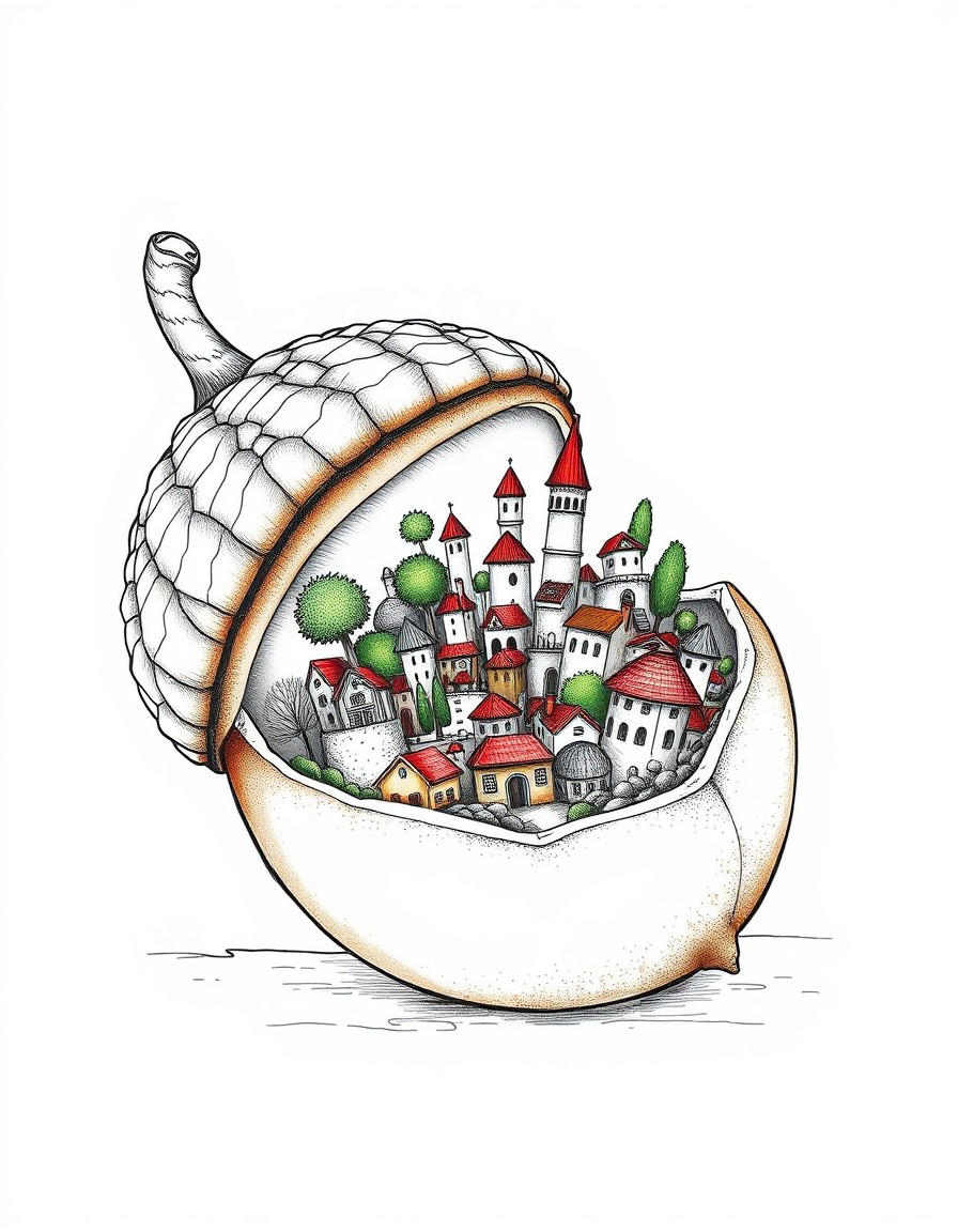 Miniature city built inside a giant acorn, vibrant red, orange, and green hues, detailed textures, natural lighting 35mm film sketchy
