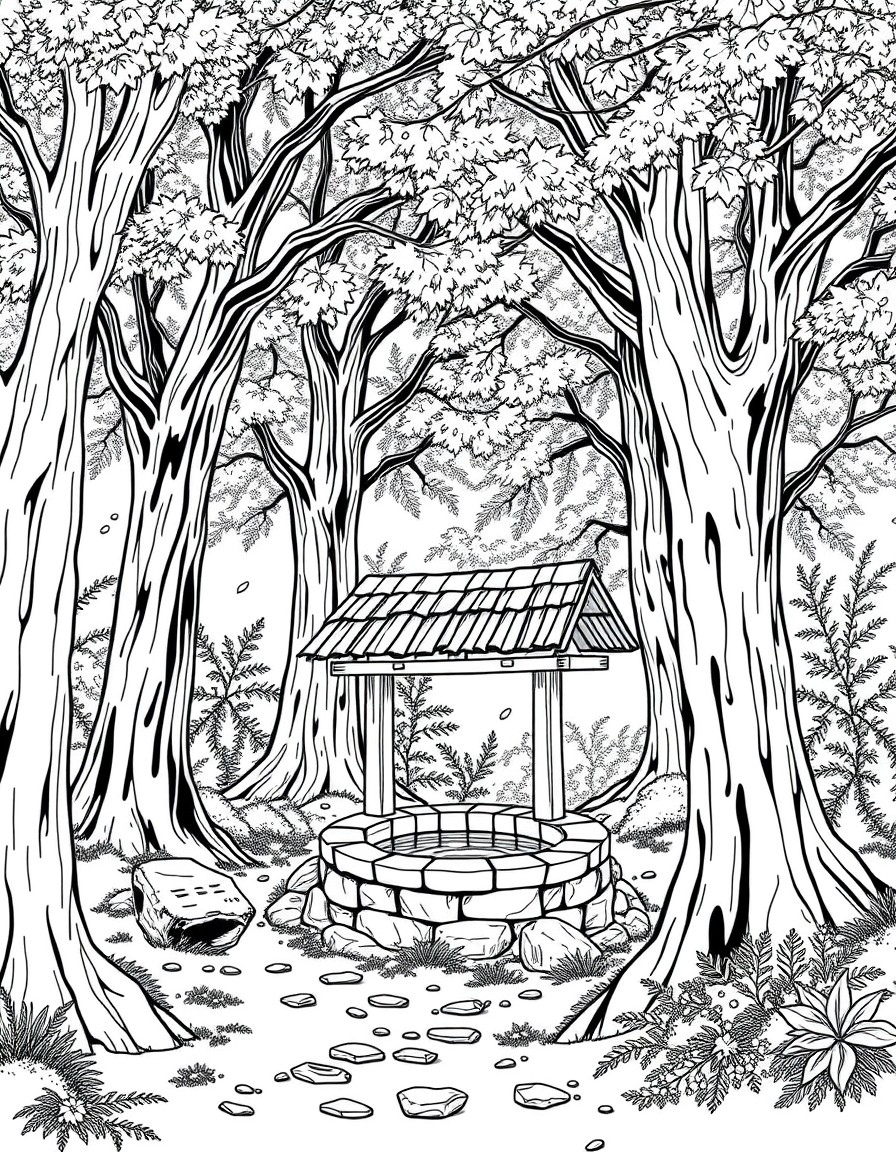 Setting The scene takes place near an ancient, serene well nestled in the heart of a quiet forest. Tall, majestic trees with thick, leafy canopies surround the area, casting soft dappled sunlight onto