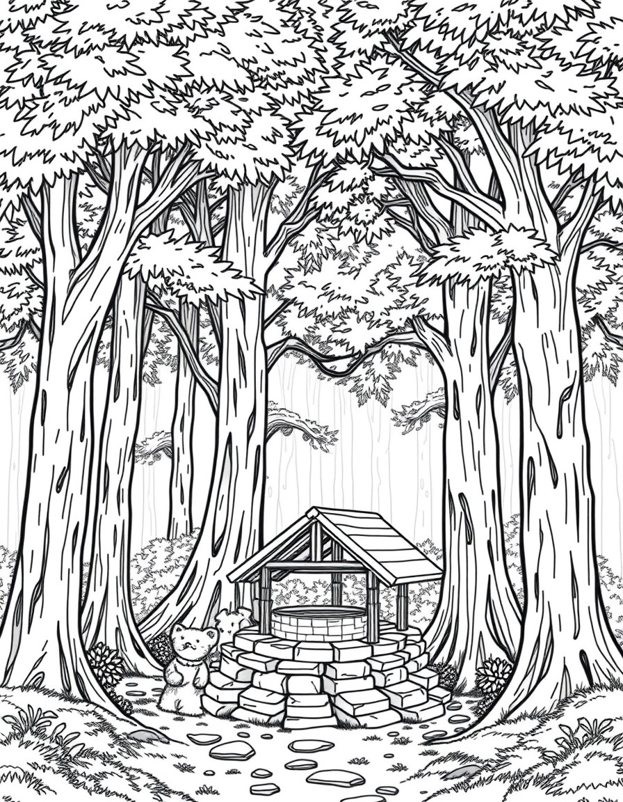 Setting The scene takes place near an ancient, serene well nestled in the heart of a quiet forest. Tall, majestic trees with thick, leafy canopies surround the area, casting soft dappled sunlight onto