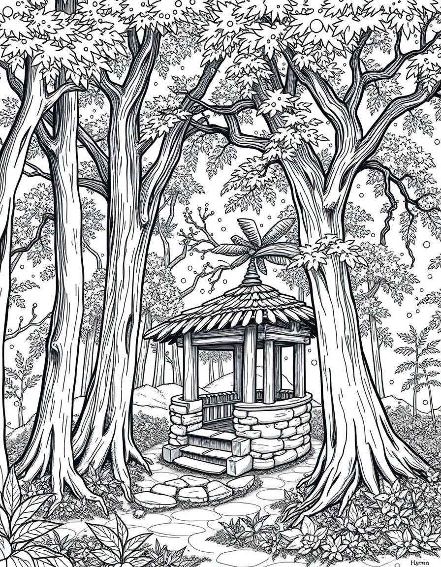 Setting The scene takes place near an ancient, serene well nestled in the heart of a quiet forest. Tall, majestic trees with thick, leafy canopies surround the area, casting soft dappled sunlight onto