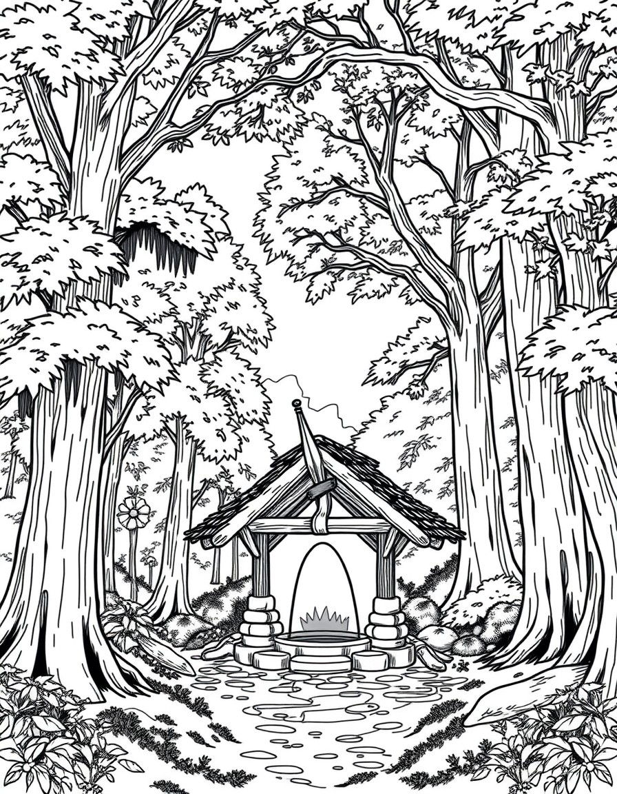 Setting The scene takes place near an ancient, serene well nestled in the heart of a quiet forest. Tall, majestic trees with thick, leafy canopies surround the area, casting soft dappled sunlight onto