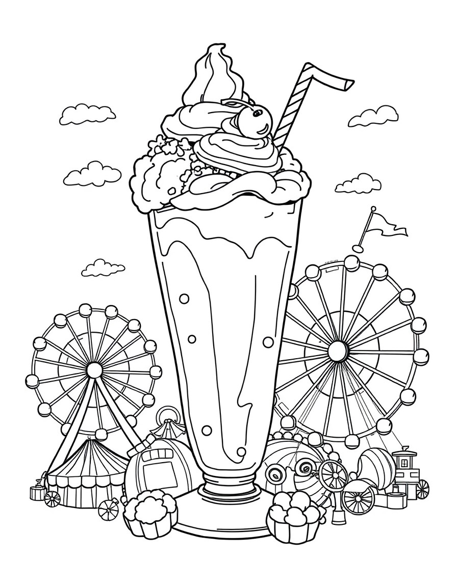 2. Milkshake Carnival Extravaganza Picture a milkshake surrounded by carnival fun! This page includes a towering milkshake topped with cotton candy, popcorn, and a cherry, while Ferris wheels, roller