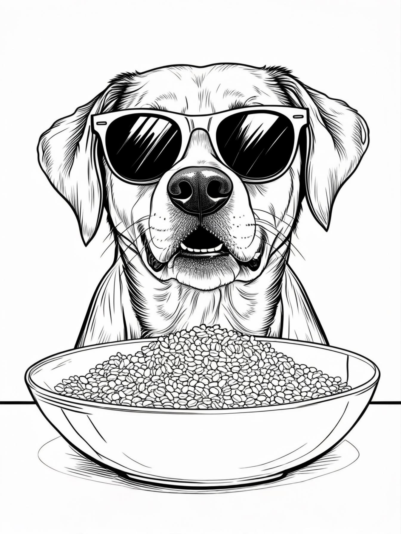A large dog wearing sunglasses eating farofa