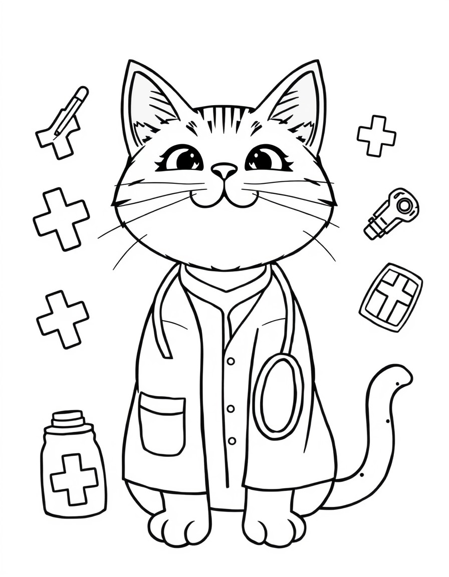 A cute, simple and enthusiastic cat, for kids to color with bold lines. the cat should be a Doctor with doctor clothes and 4 objects related to the profession around him and also with an hospital as b