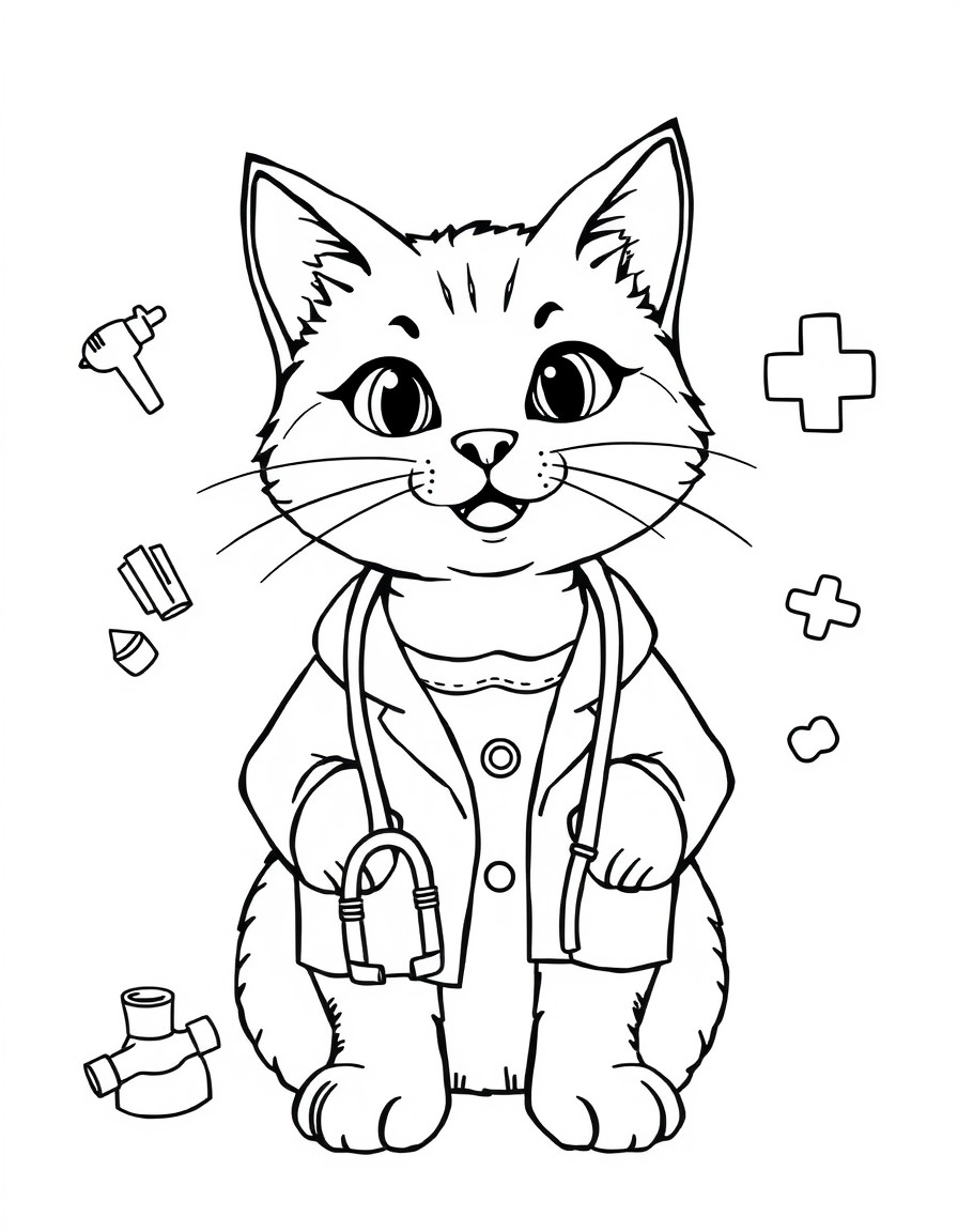 A cute, simple and enthusiastic cat, for kids to color with bold lines. the cat should be a Doctor with doctor clothes and 4 objects related to the profession around him and also with an hospital as b