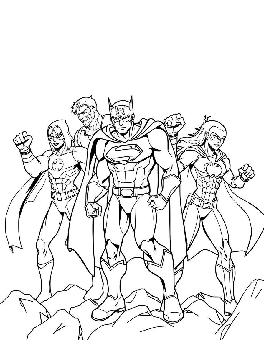 Now create 30 different drawings of super heroes and them doing something