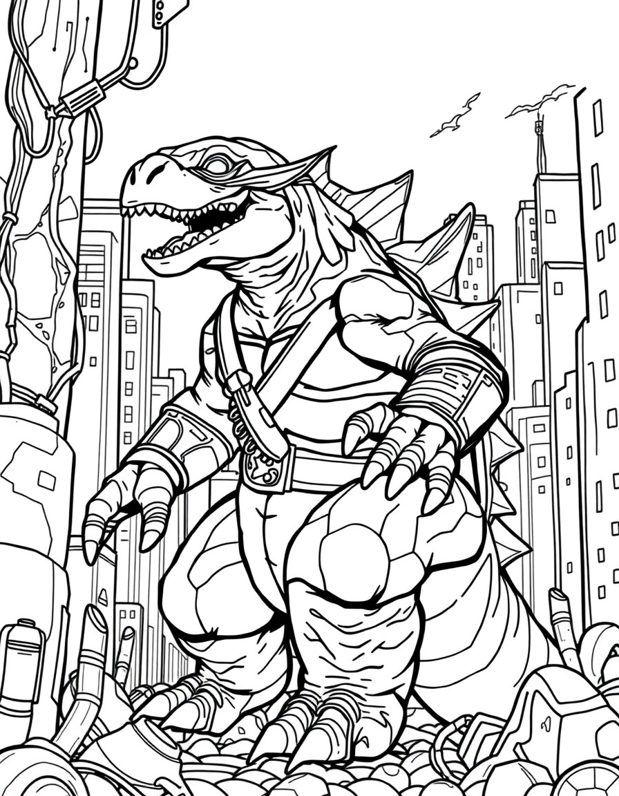 A creature that is a mixture of a ninja turtle with Godzilla living inside in the sewers of new york.