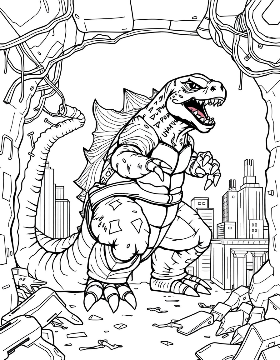 A creature that is a mixture of a ninja turtle with Godzilla living inside in the sewers of new york.