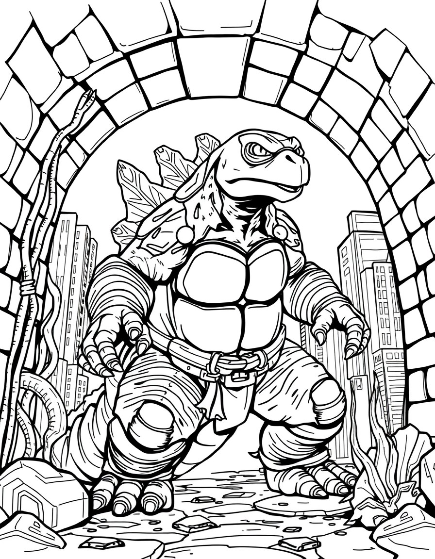 A creature that is a mixture of a ninja turtle with Godzilla living inside in the sewers of new york.
