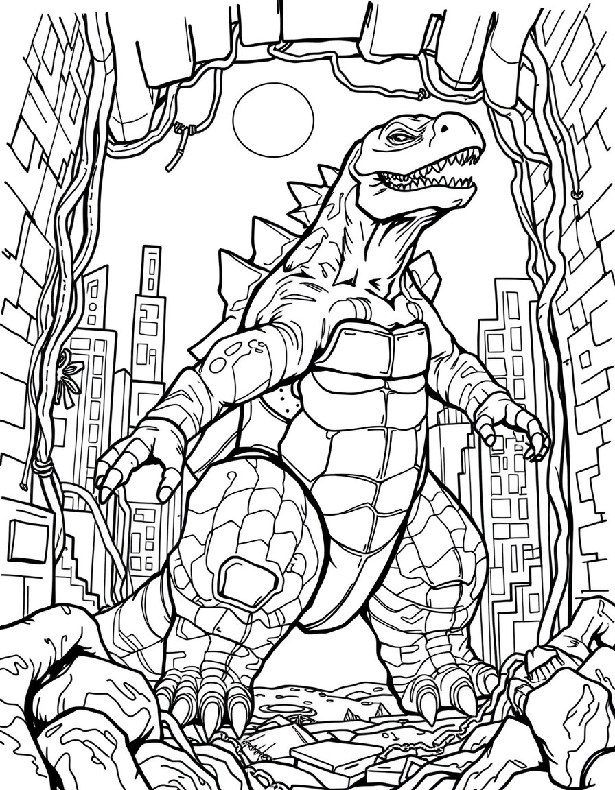 A creature that is a mixture of a ninja turtle with Godzilla living inside in the sewers of new york.
