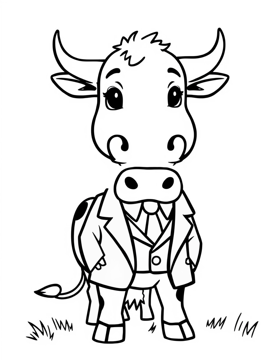 a farm with a cow wearing a suit