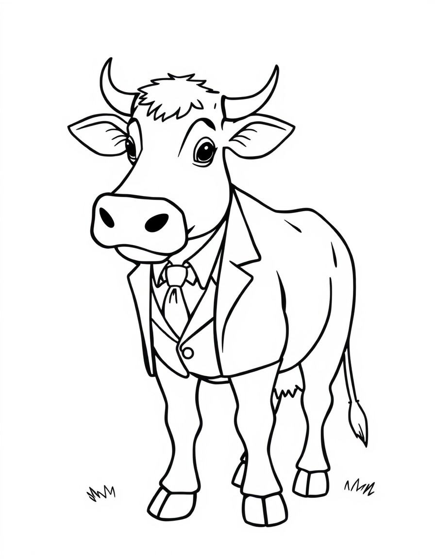 a farm with a cow wearing a suit