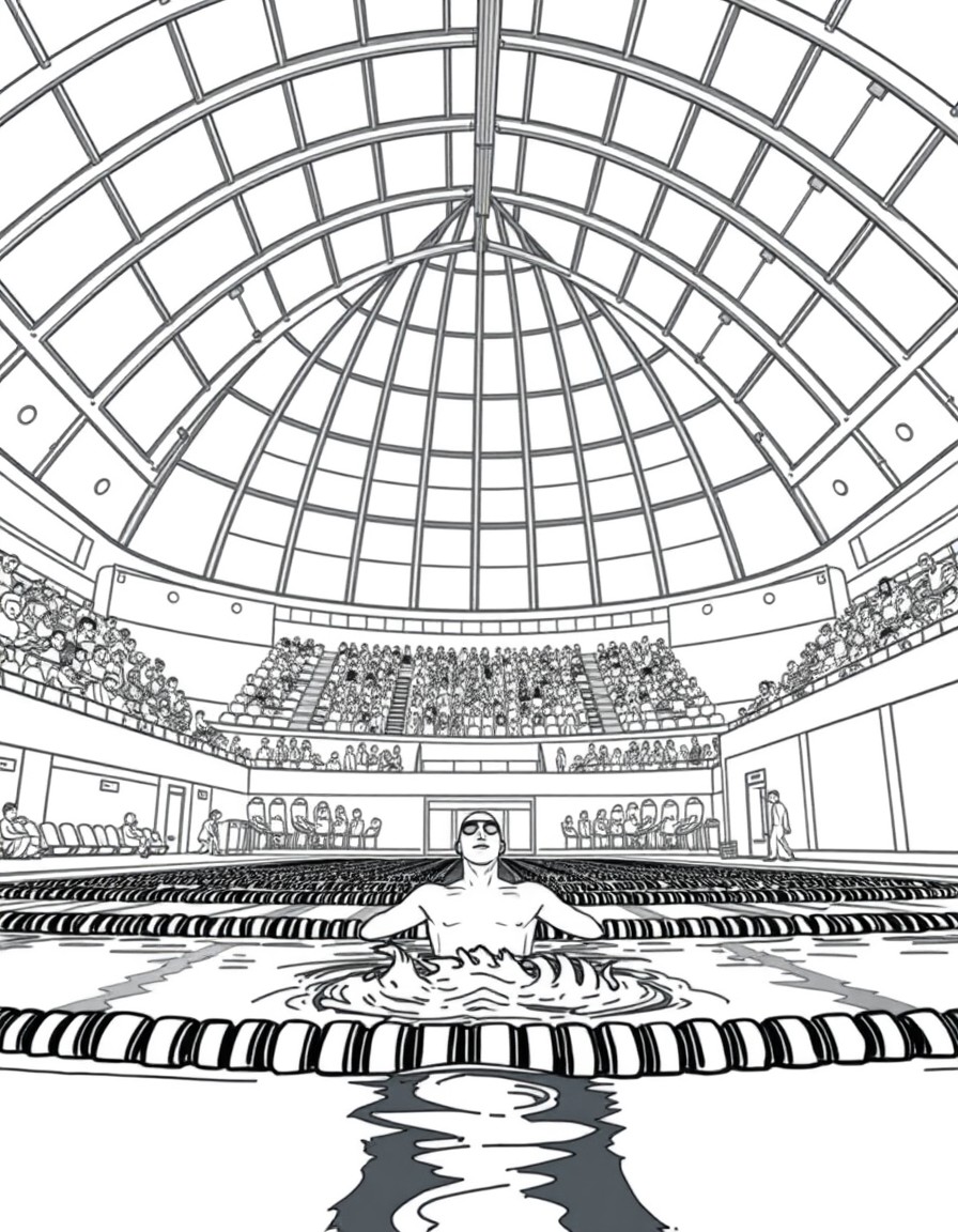 A coloring page of a swimming competition in an indoor pool stadium. A swimmer is entering the water. The background features an audience sitting in the stands, a high curved glass ceiling,The style i