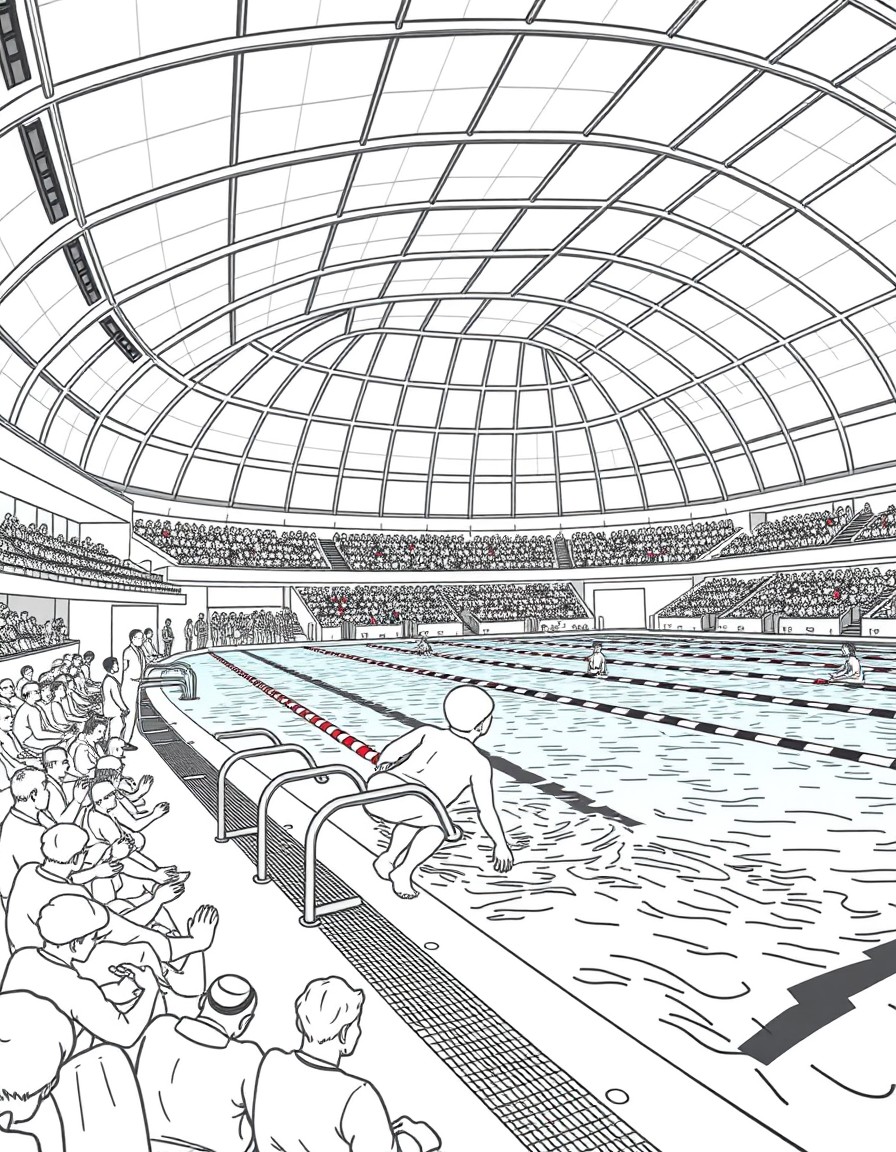 A coloring page of a swimming competition in an indoor pool stadium. A swimmer is entering the water. The background features an audience sitting in the stands, a high curved glass ceiling,The style i