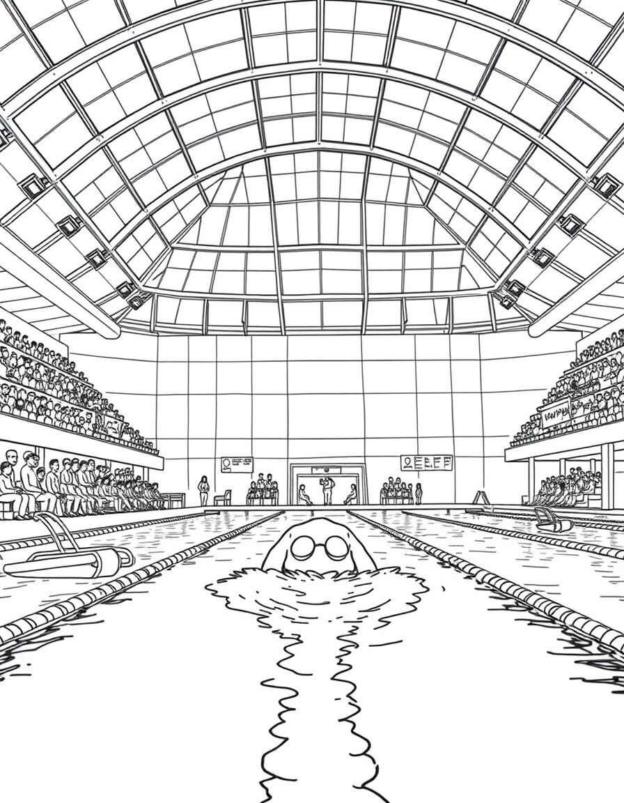 A coloring page of a swimming competition in an indoor pool stadium. A swimmer is entering the water. The background features an audience sitting in the stands, a high curved glass ceiling,The style i