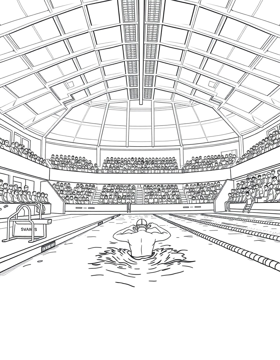 A coloring page of a swimming competition in an indoor pool stadium. A swimmer is entering the water. The background features an audience sitting in the stands,