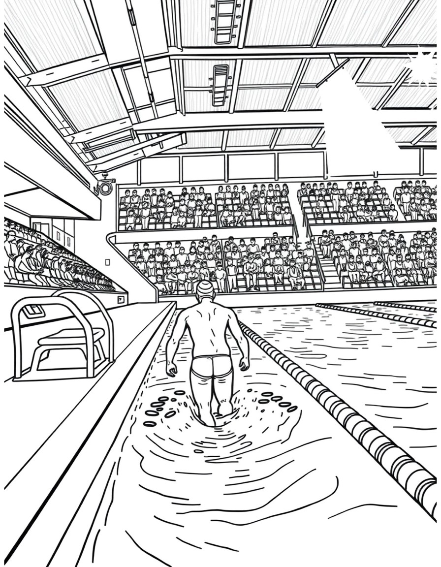 A coloring page of a swimming competition in an indoor pool stadium. A swimmer is entering the water. The background features an audience sitting in the stands,