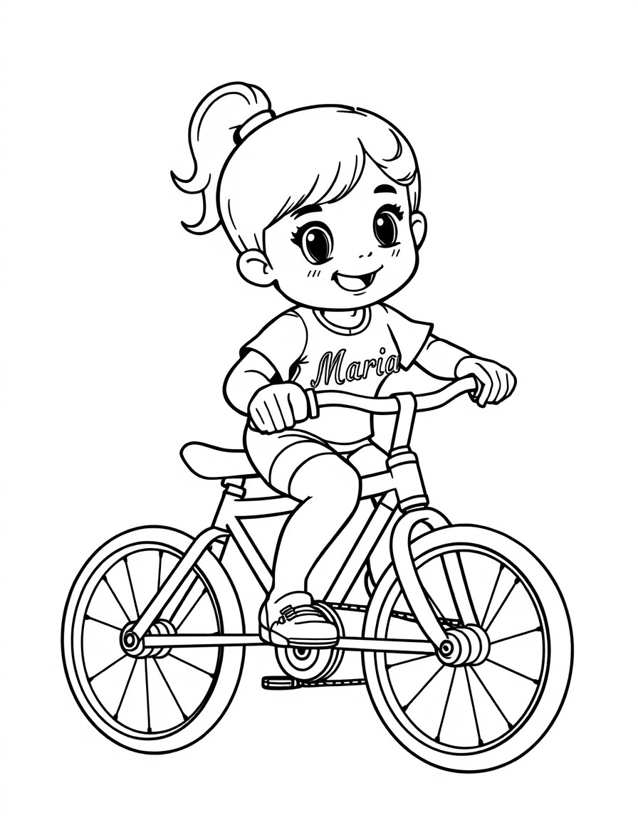 cute little girl riding a small bicycle in a race with the word "Maria" written on her shirt