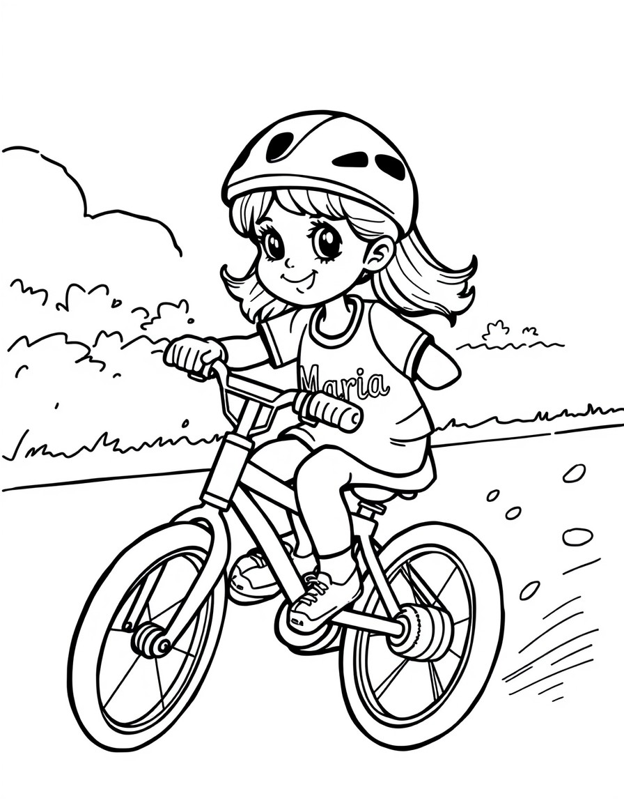 cute little girl riding a small bicycle in a race with the word "Maria" written on her shirt