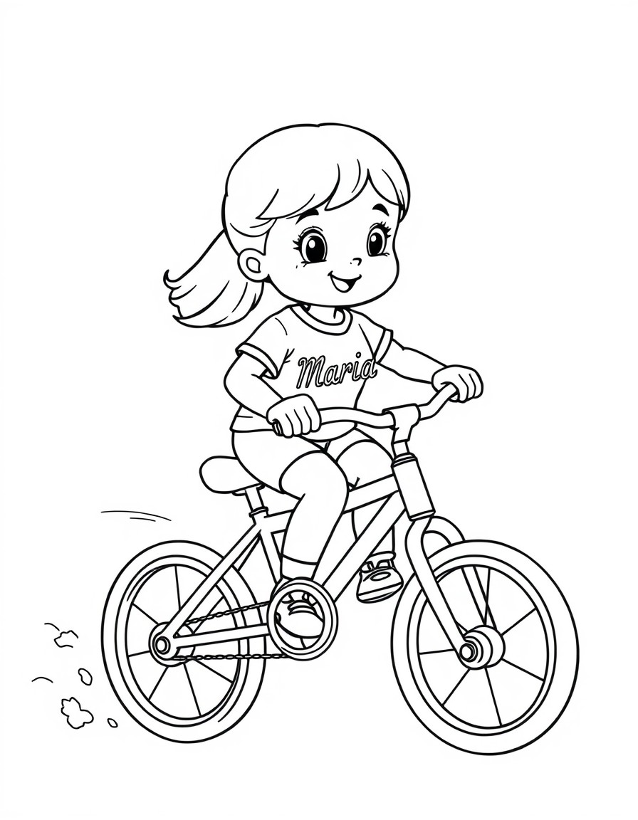 cute little girl riding a small bicycle in a race with the word "Maria" written on her shirt