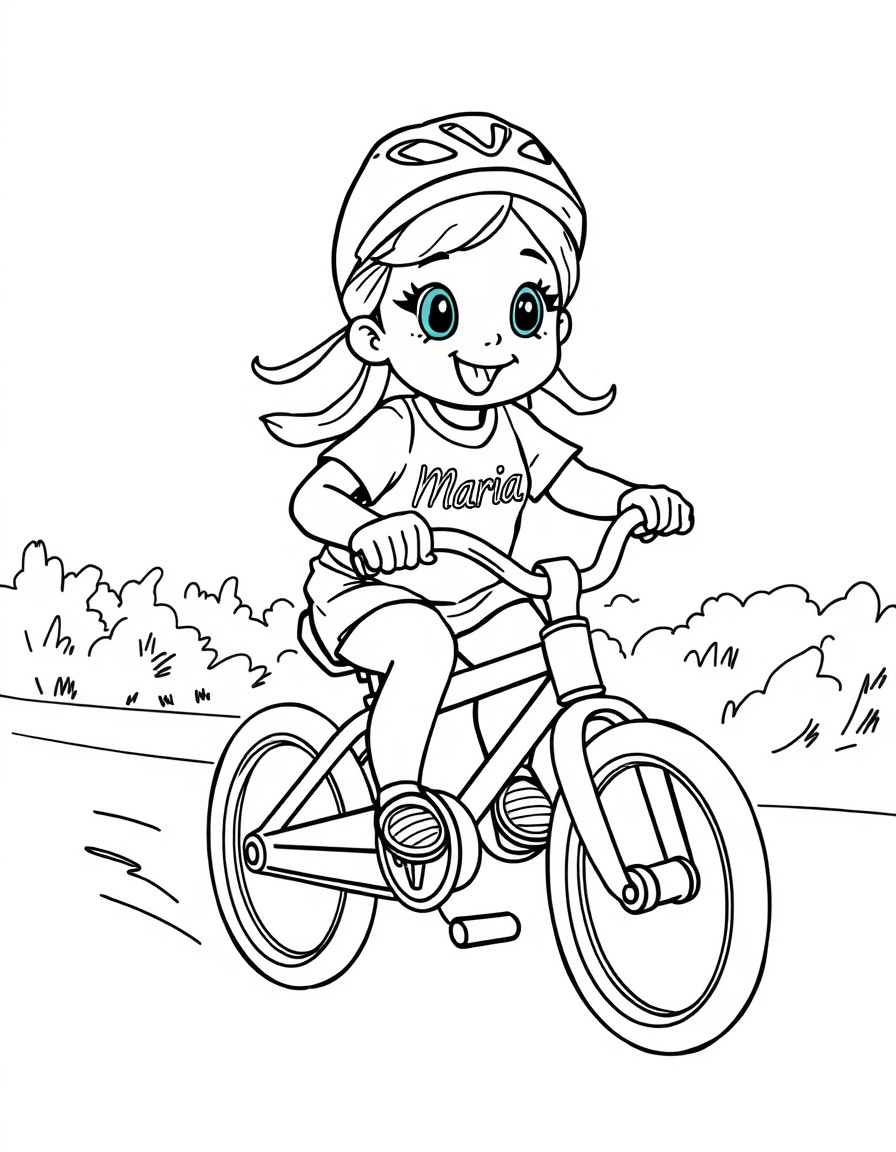 cute little girl riding a small bicycle in a race with the word "Maria" written on her shirt