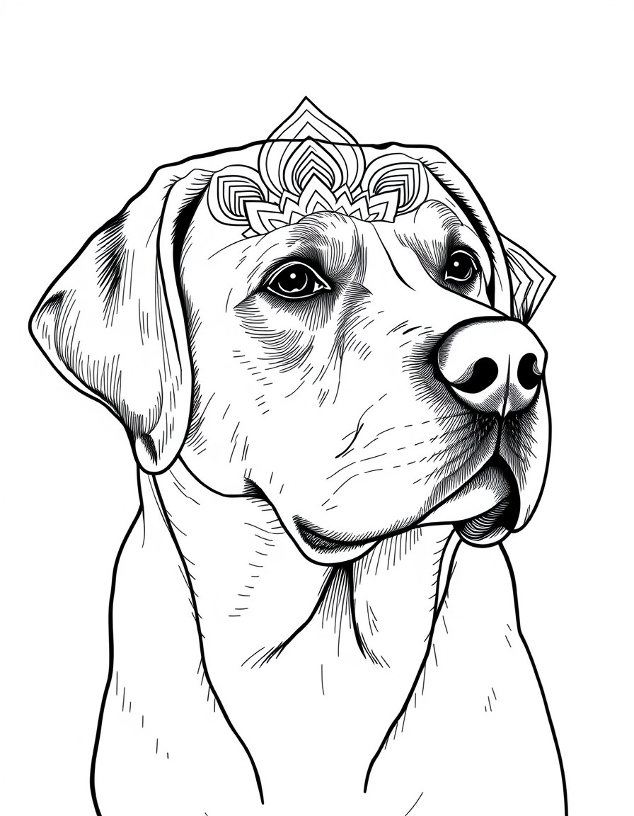 Super detailed portrait of a labrador with mandala effect.