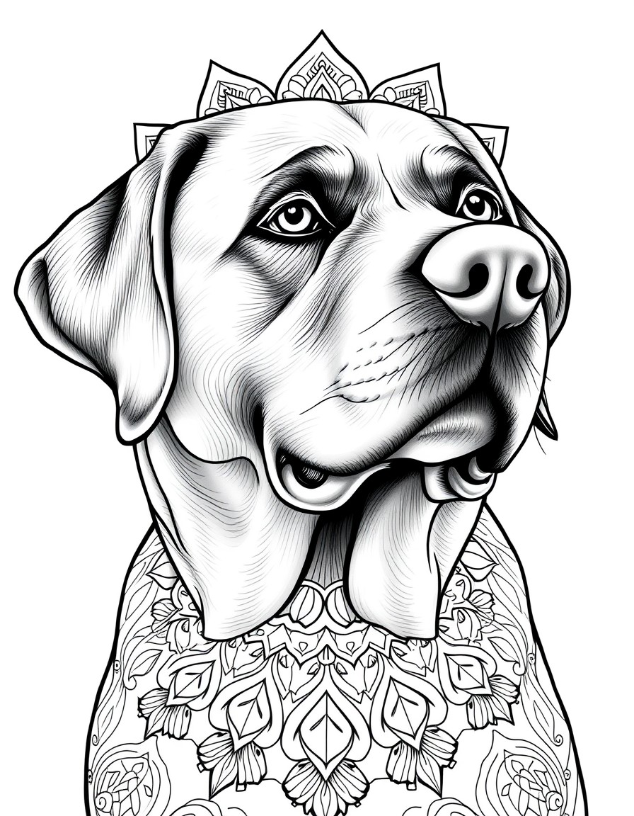 Super detailed portrait of a labrador with mandala effect.