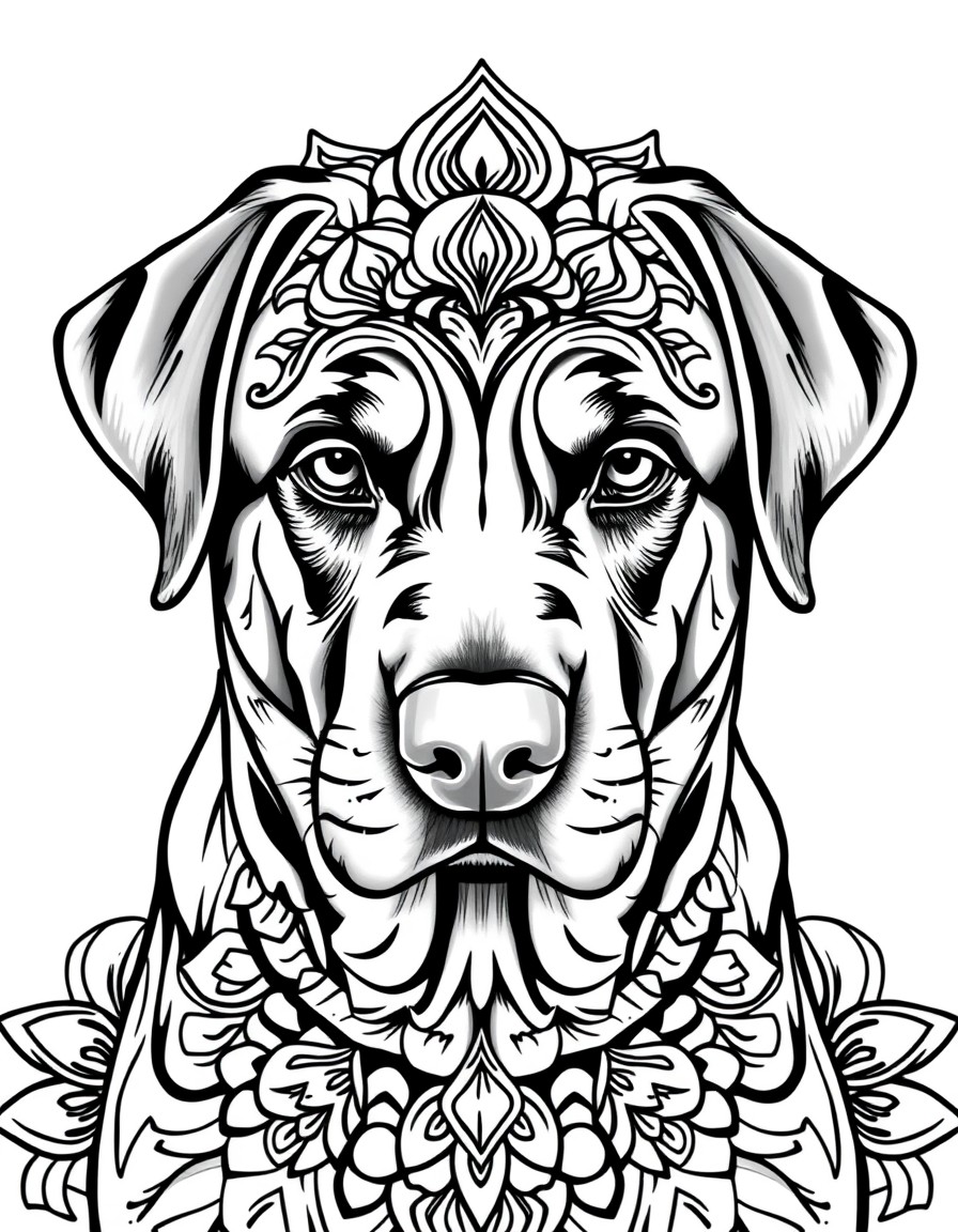Super detailed portrait of a labrador with mandala effect.