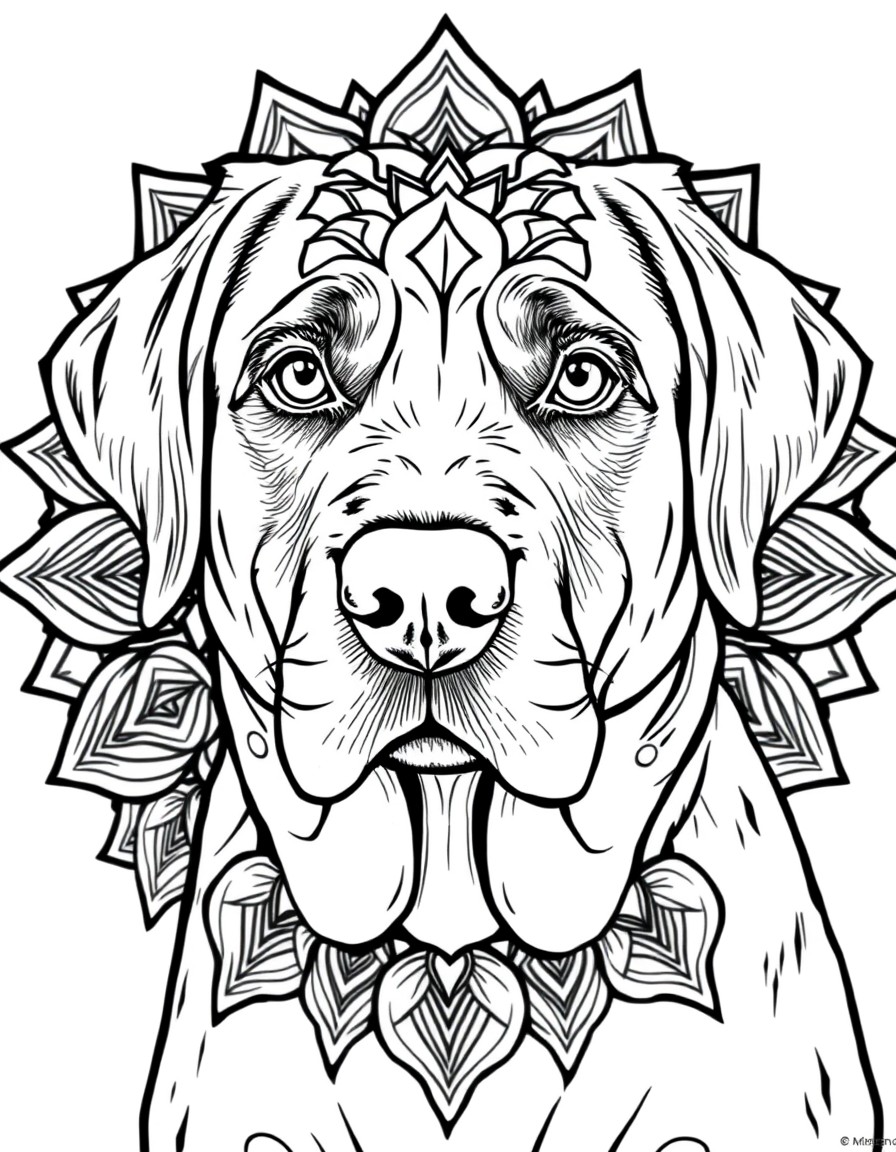 Super detailed portrait of a labrador with mandala effect.