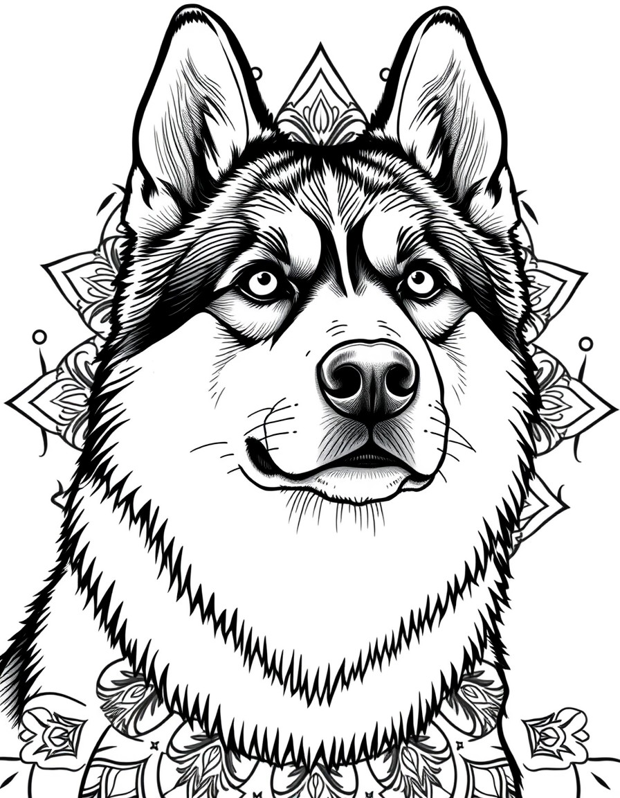 Super detaild portrait of a husky with mandala effect