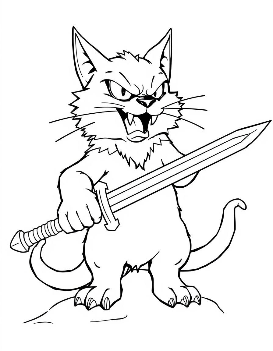 A angry beast cat hold the long sword and holding the human head