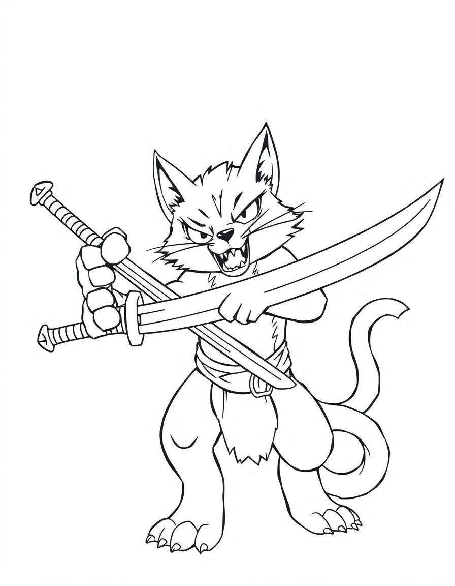 A angry beast cat hold the long sword and holding the human head