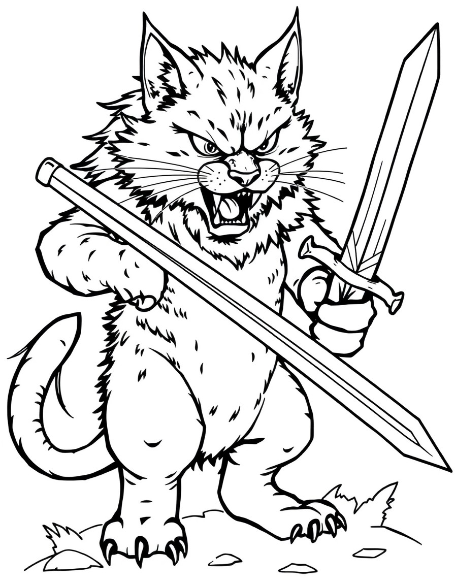 A angry beast cat hold the long sword and holding the human head