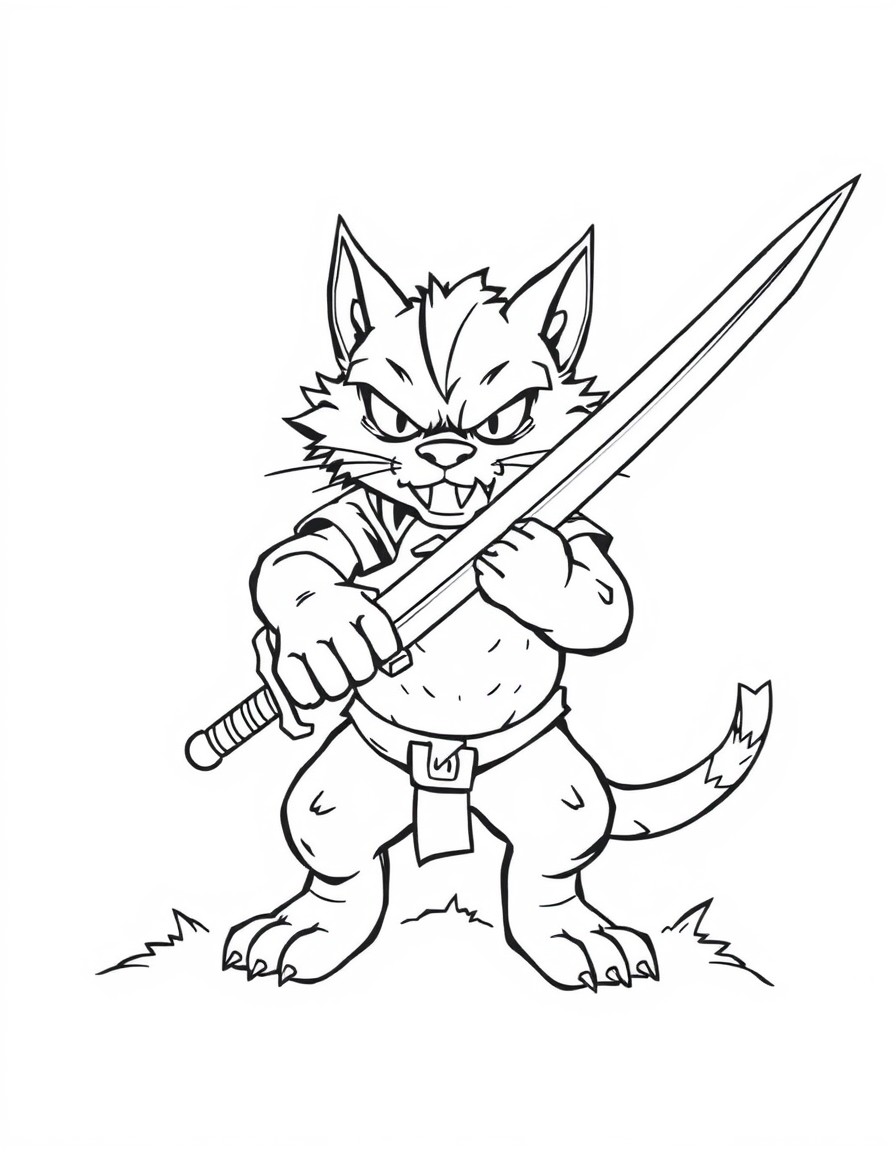 A angry beast cat hold the long sword and holding the human head