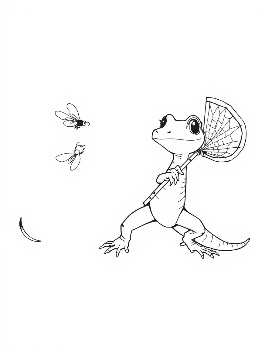 A Lizard and a fly. A cartoon lizard is chasing a fly trying to catch it using a net.
