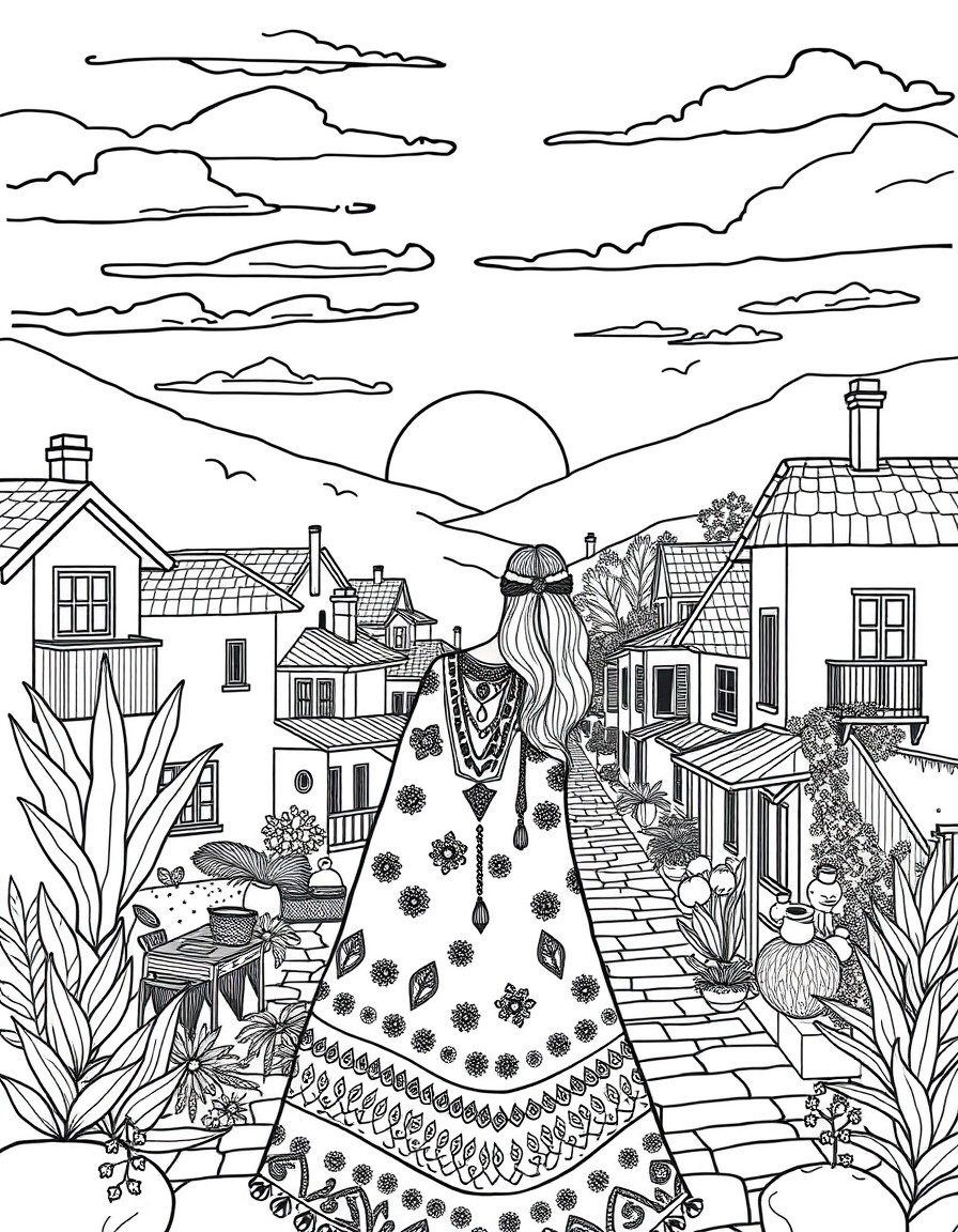 Boho lady city village scene sunset pretty