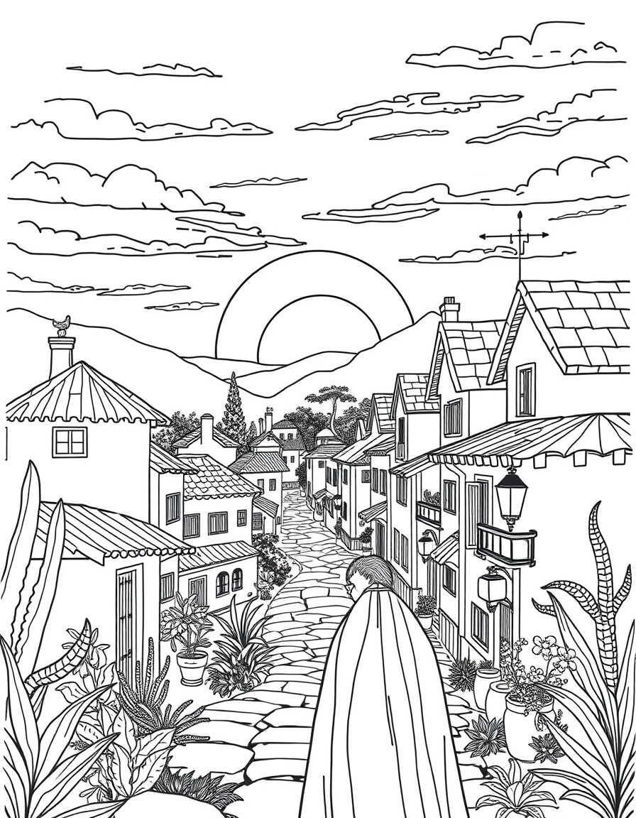 Boho lady city village scene sunset pretty