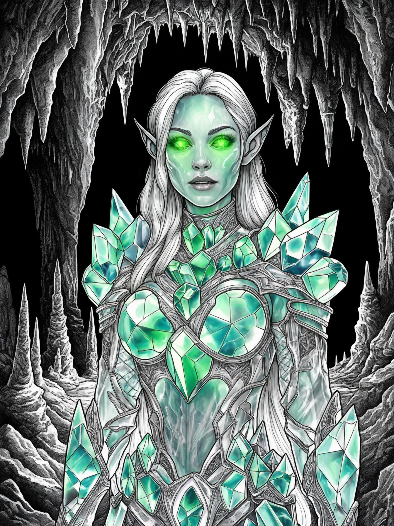 An elf with translucent skin that looks like they are made of glass and glowing green eyes. She wears armor that is also translucent and made of cut gemstones and crystals. They are in a deep, dark ca