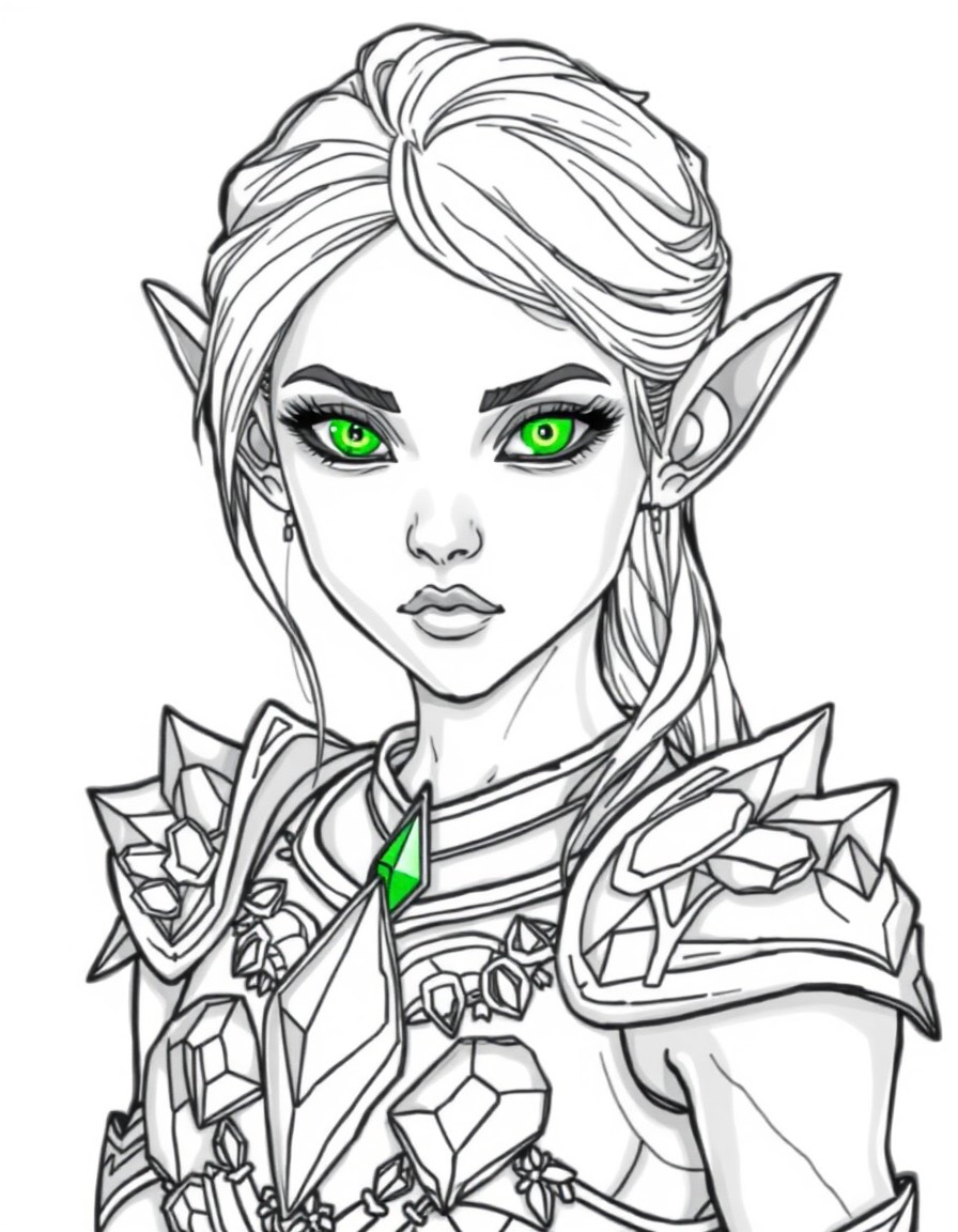 An elf with translucent skin that looks like they are made of glass and glowing green eyes. She wears armor that is also translucent and made of cut gemstones and crystals. They are in a deep, dark ca